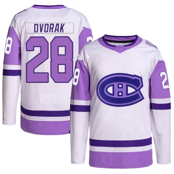 Men's Christian Dvorak Montreal Canadiens Hockey Fights Cancer Primegreen Jersey - White/Purple Authentic